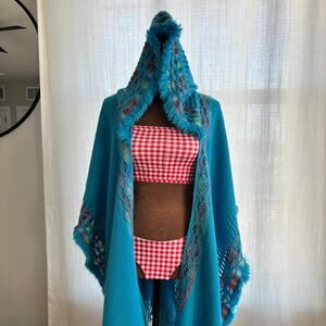 Blue Multi Color Fringe Hooded Knit Poncho Cape Swim Cover Up One Size